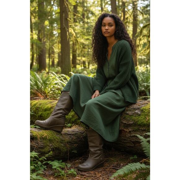 Keen Kate Slouch Boots Vintage Green Leather Mid-Calf Wedge Heel Women's Size 8 - Picture 2 of 2